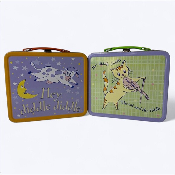 2 Vintage Metal Lunch Boxes Hey Diddle Hickory Dickory Dock Nursery Rhymes 90s - Picture 1 of 16
